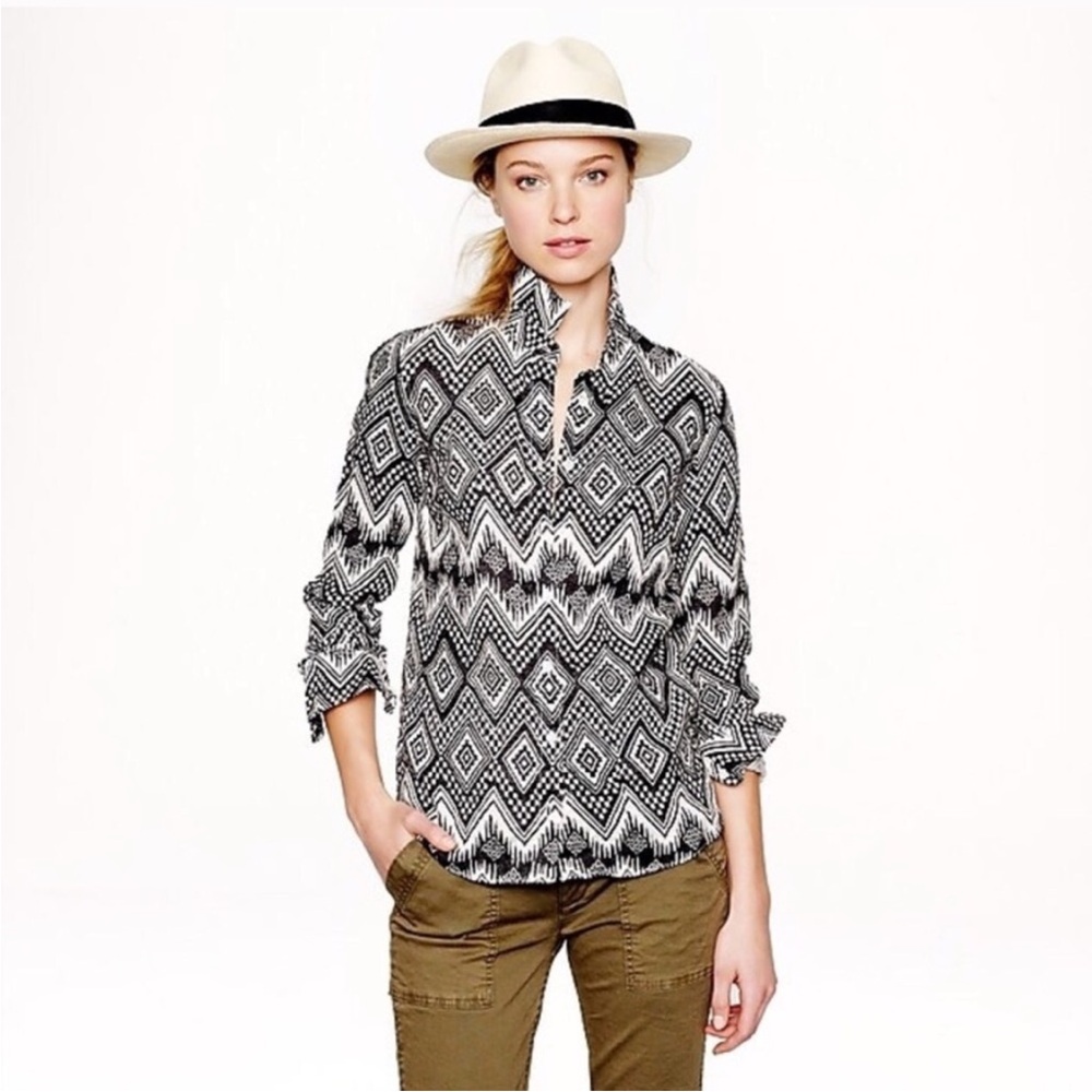 J. Crew Boy Fit button down Linen shirt Sz 6 black white geometric
